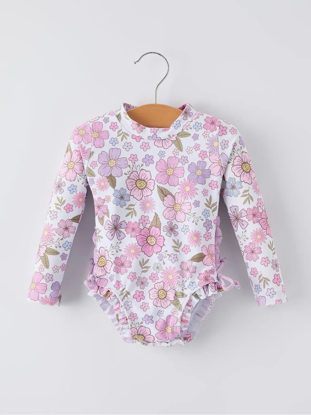 Rylee Faith Summer Floral Print Girls Long Sleeve Ruffle One Piece Swimsuit